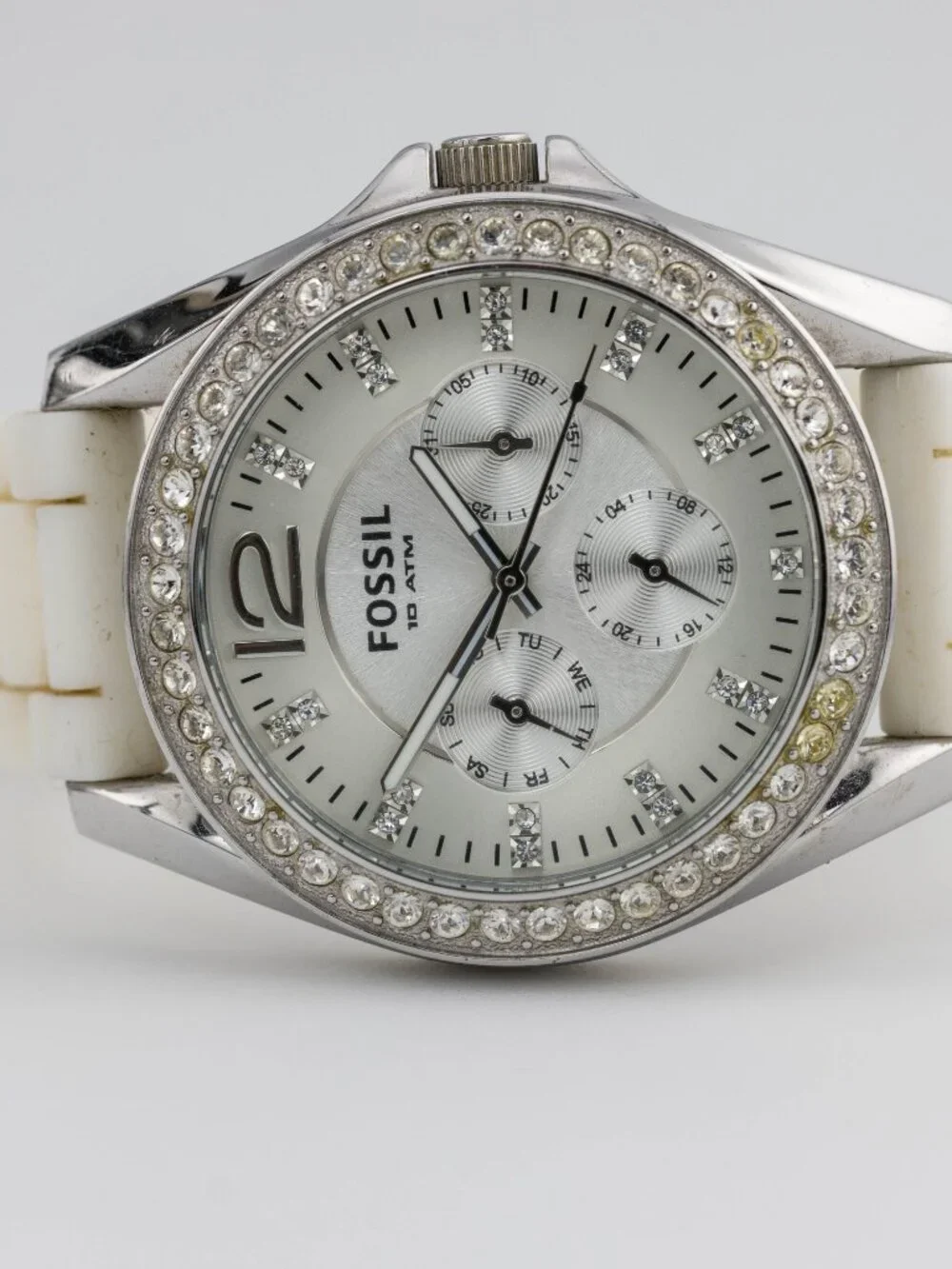 Fossil ES-2344 White Resin Crystal Bezel Quartz Analog Women's Watch New Battery